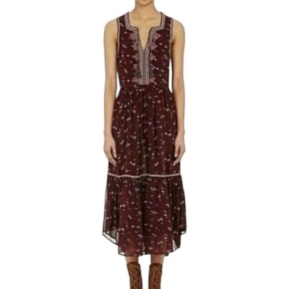 Ulla Johnson x Barney's New York Leena Embroidered Burgundy Silk Midi Dress 6 - Picture 1 of 10